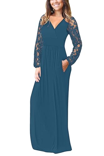 Image of AUSELILY Womens Lace Long Sleeve Maxi Dress V Neck Wrap Waist with Pockets | Lace sleeves, cross-wrap neck flatters, hidden pockets, floor-length maxi for year-round