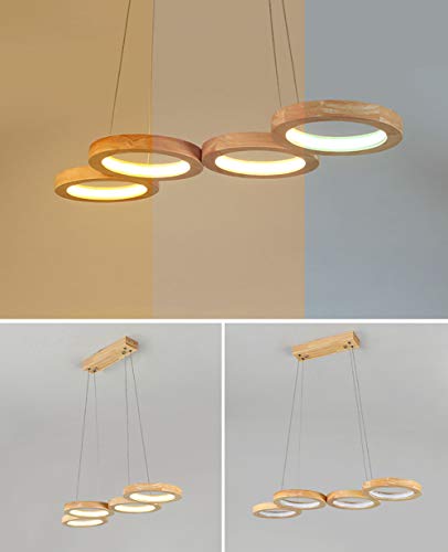 Lampada a sospensione a LED in legno a 4 anelli con telecomando, lampada a sospensione moderna dimmerabile, lampada per sala da pranzo, soggiorno, bar, ristorante, regolazione continua, lampada a
