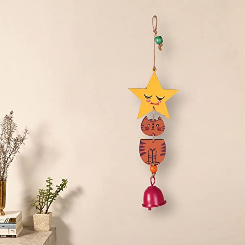 Image of Aakriti Art Creations Orange Kitty Wind Chime Multicolor | Handmade Modern Art Wooden & Metal Wind Chime | Matte Decorative Wind Chimes for Balcony, Garden, Living Room & Gifting