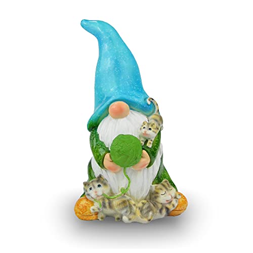 FLJZCZM Garden Gnome Statue Patio Decorations Carrying Magic Ball LED Lights Elf with Cat Large Resin Sculpture Solar Powered Four Seasons Outdoor Patio Lawn Gardening Gifts Decorative Lights (Blue)