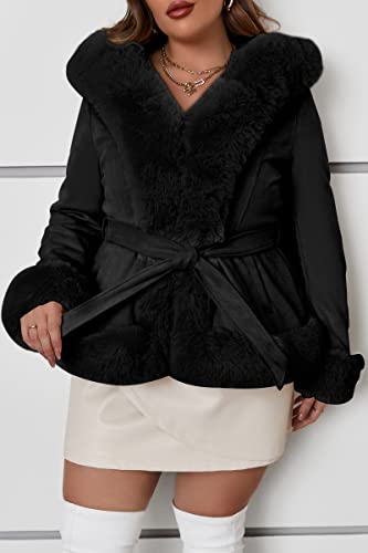 Geschallino Women's Faux Suede Leather Jacket Winter Plus Size Hooded Jacket Warm Fleece lined Dress Belt Coat (1X-5X)3