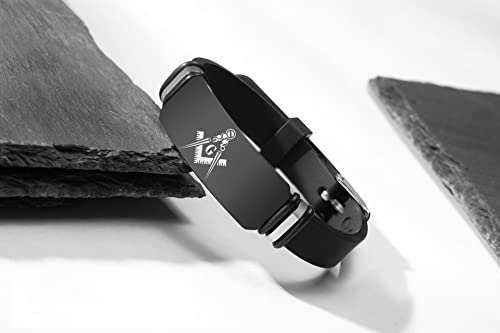 Stylish Black Masonic Bracelet for Men Women, Stainless Steel Silicone Freemason Logo Wristband for Masonry, Mason Fraternity Membership Faith Symbolic Cuff Bangle for Brother Husband Dad, Adjustable3