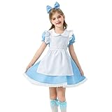 Happy Cherry ガールズ パイオニア メイド エプロン ドレス セット リボン付き ヘッドバンド コロニアル 1800年代 巡礼者 衣装 3点 2-12歳, レーストリム スカイブルー, 5-6 Years