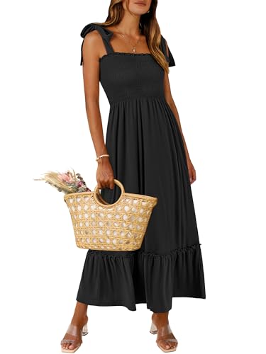Image of ANRABESS Women Summer Casual Strap Smocked Maxi Flowy Tiered A Line Beach Travel Sundress Wedding Guest Outfits