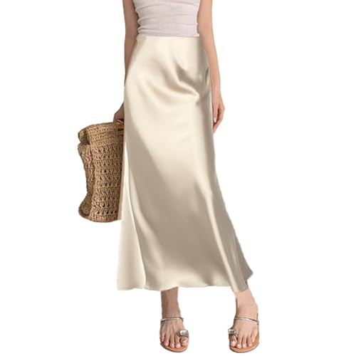 Falda larga de raso para mujer, elegante, cintura alta, informal, cóctel, línea A, faldas fluidas y sedosas, albaricoque, S