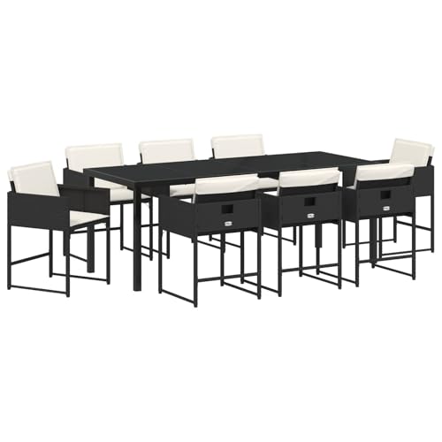 vidaXL Juego de comedor de 9 piezas para patio con cojín, polirratán, color negro, muebles para terraza, balcón, muebles de jardín, sillas de polietileno de mimbre