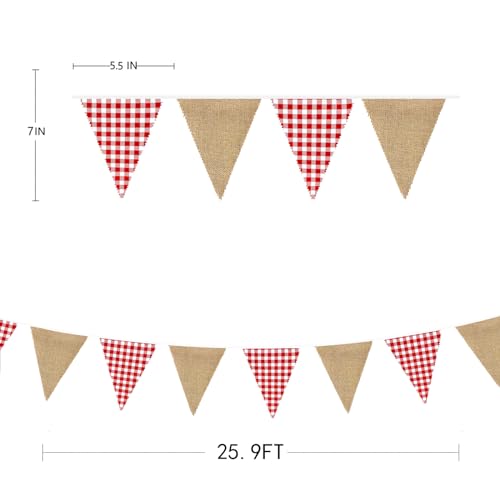 Image of 26Ft Red Plaid Burlap Banner Red Checkered Burlap Pennant Triangle Flag Garland Streamers Vintage Fireplace Wall Hanging for Rustic Birthday Wedding Baby Shower Engagement Boho Picnic Camping Decor