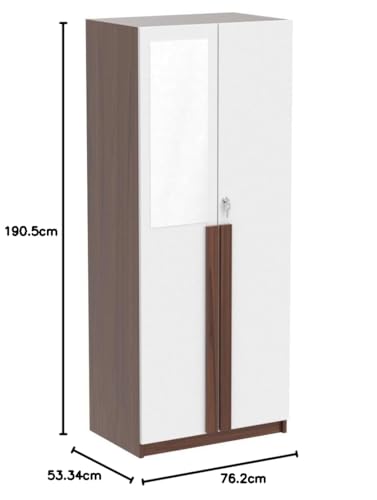 Image of CASPIAN Furniture 2 Door Wardrobe Cupboard for Bedroom with Mirror Attached Wooden Stylish Handles and Drawer Size 75 x 30 x 21 inches