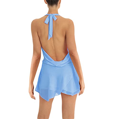 Image of Women Halter V Neck Mini Dress Sexy Sleeveless Backless Slim Fit Party Club Short Dress Y2K Beach Sundress