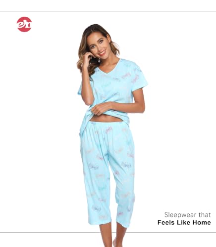 Image of ENJOYNIGHT Womens Pajama Sets Cotton Pj Set Short Sleeve Top With Capri Pants Sleepwear 2 Piece Lounge Set