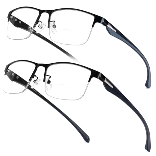 SKYOAK 2 Pack Mens Premium Bifocal Reading Glasses, TR90 Temples Blue Light Blocking Near/Far Dual-use Computer Readers Anti UV/Eye Strain Quality Half Frame Eyeglasses for Men, 2.5x