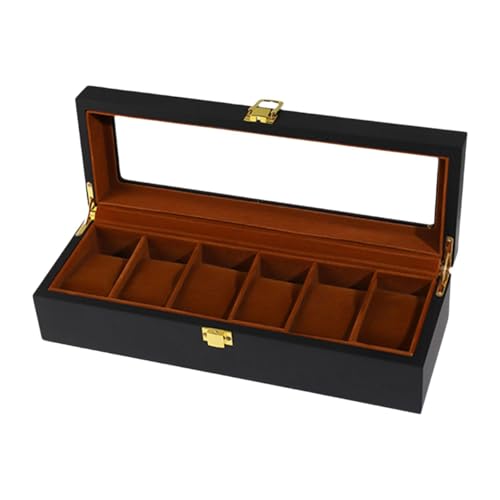 Fiocias メンズ腕時計オーガナイザー、木製ボックストレイ、ブラック収納ショーケースディスプレイケース、イヤリングスタッドの整理、ビジネス旅行用, 6スロット