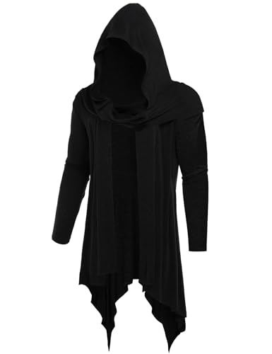 Men's Long Hooded Cardigan Ruffle Shawl Collar Open Front Lightweight Drape Cape with Pockets