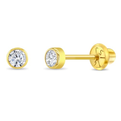 14k Yellow Gold Tiny 3mm Bezel Set Cubic Zirconia Simulated Birthstone Screw Back Earrings for Babies & Toddlers - Cute Birth Month Stud Baby Earrings with Safety Screw Backs