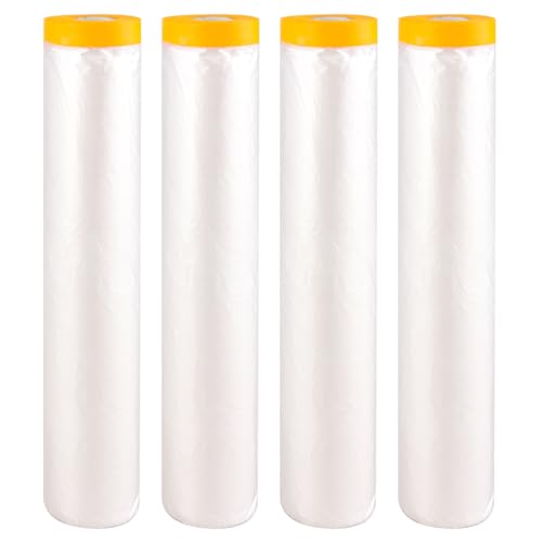 LOYORTY 4 Rolls 8.8 x 65 Feet Plastic Sheeting Pre-Taped Masking Film Drop Cloth for Painting, Automotive Covering and Appliance Protection
