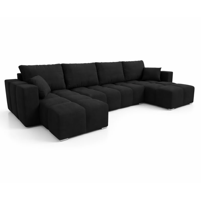 Tendencio Canapé panoramique Convertible COLINIO Tissu Anti-tâche - 6 Places - 325 cm (Noir)