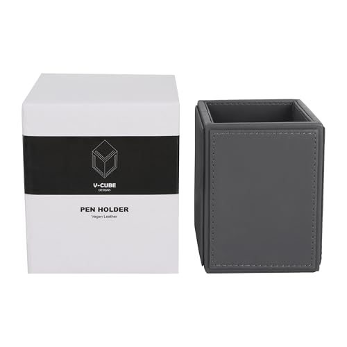 Image of V-CUBE DESIGNS Premium Vegan Leather Pen Holder for Desk & Study Table Accessory | Marker /Pencil Stand for Student | Stationery Organizer for Office Table & Home | 6mm Thickness with MDF Core |Grey