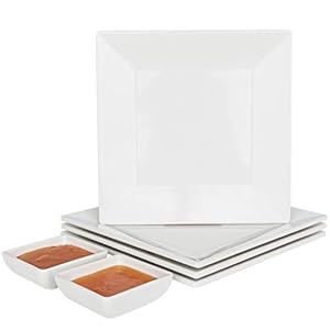 [6 x 4 Pack] 10″ x 10″ White Square Melamine Plates, Unbreakable Elegant Dinnerware Set With Sauce Dish