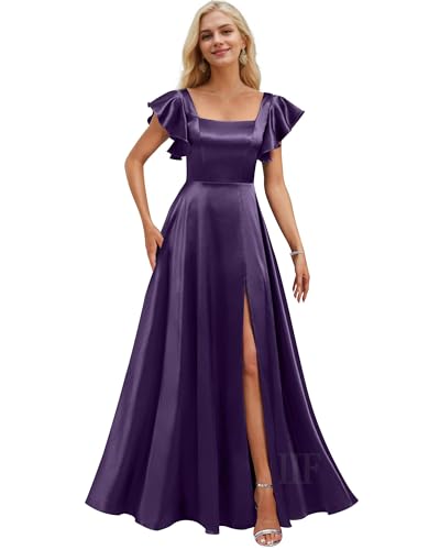 Image of IIF Short Sleeve Bridesmaid Dresses with Pockets Square Neck A-Line Satin Prom Gown Dress for Women with Slit IIF134