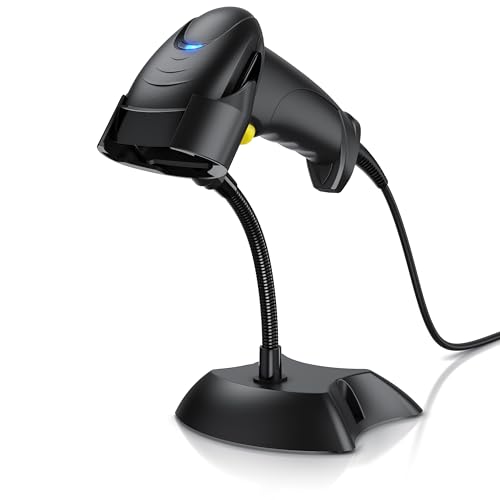 CSL - Barcode Scanner 1D 2D QR kabelgebunden – Single und Multi Scan - Bildschirm scannen - QR-Code + PDF 417 + Datamatrix + UPC + EAN + GTIN + ISBN – inklusive Halterung