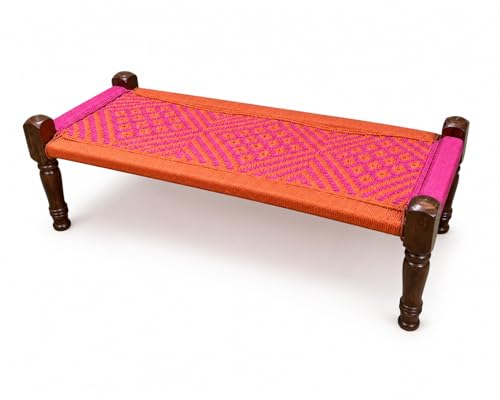 Image of Handwoven Wooden Bench | Traditional Rope Charpai Stool | Solid Wood Frame Seating for Living Room, Balcony & Outdoor | Durable & Stylish Design (Orange & Pick Finish)