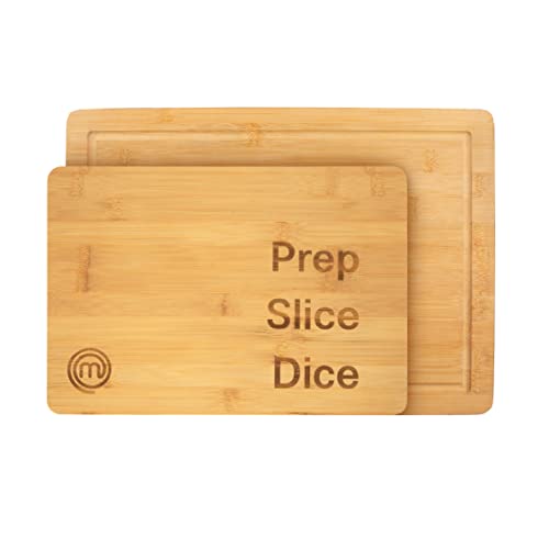 MasterChef Tablas de Cortar, Juego de Tablero Madera Cocina, en Bambu, para la Carne, Verduras, Tablero de Corte con Ranura para Jugos, una Grande (38,5cm x 27,5 cm) y una Mediana (34cm x 23,5cm)