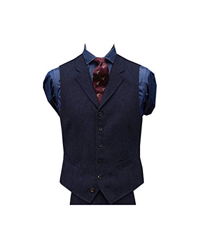 Jiaoyunshi Men's Tweed Vest Vintage V Neck Slim Fit Classic Wool Blend Notched Lapel Herringbone Vest Men