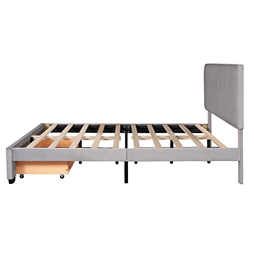 Miyzeal Storage Queen Bed With Headboard, Velvet Upholstered Platform Bed Queen Size, Big Drawer Comfortable Sleep Bed Frame With Wood Slat & Center Support Feet, No Box Spring Needed (Gray) #TOP6