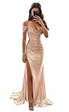 Sevintage Rose Gold Long Prom Dresses Sequin Mermaid Bridesmaid Dress for Women with Slit Off The Shoulder Bodycon Corset Formal Party Evening Gown with Train Size 4