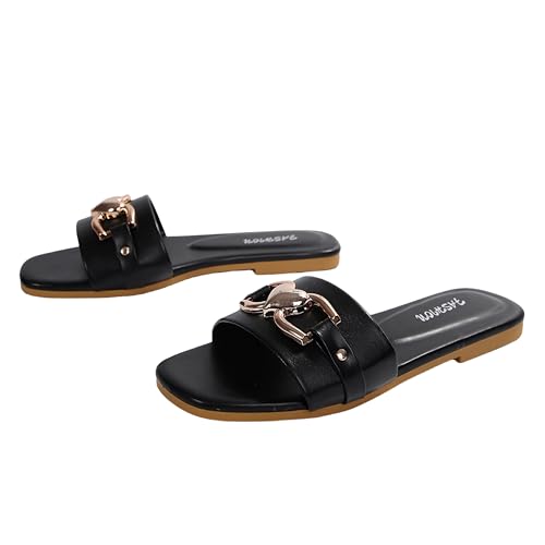 MGGMOKAY Women's Flat Sandals Fashion Slides With Soft Leather Slippers for Summer,Black,62
