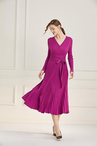 Image of Women's Long Knit Crewneck Sweater Dress Tie Waist A-Line Swing Pleated Bodycon