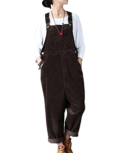 Flygo Women's Casual Loose Baggy Corduroy Bib Overalls Wide Leg Pants Jumpsuits (Large, Coffee)