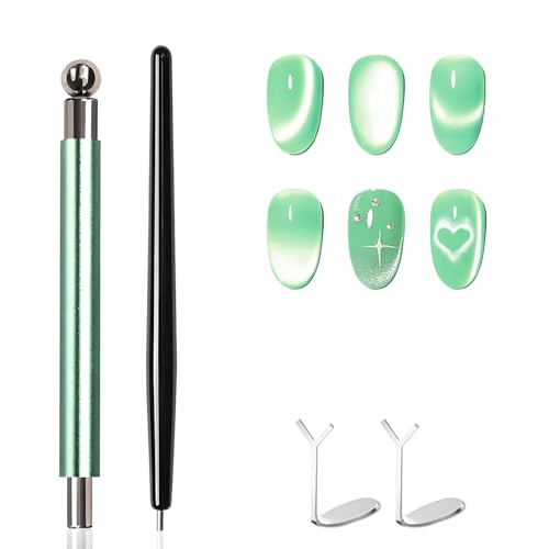 uadbau 4-Piece Cat Eye Magnet Set – Green Dual-Ended Nail Magnet With Round Bead, Heart Nail Magnets for Nail Art, and Black Magnetic Bead-Pickup Pen, Magnet for Cat Eye Gel Polish DIY Nail Designs