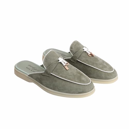 Image of XOBZJH Designer Women's Mules Flat Heel - Suede Leather Flats with Tassel Detail, Comfortable Slip-On Backless Loafers,Casual & Work Shoes