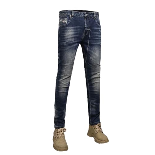 Men's Spring Dark Blue Washed Wear Vintage Distressed Stretch Slim-Fitting Small Straight Jeans
