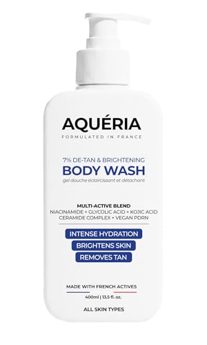 Image of Aqueria Instant De-Tan & Brightening Exfoliating Body Wash with Kojic Acid, Niacinamide, Glycolic Acid, Ceramide Complex & Vegan PDRN | Tan Removal Shower Gel for Dark Spots, Pigmentation & Uneven Skin Tone | Gentle Exfoliating Detan Body Cleanser | Works on Strawberrry Skin & Bump, Removes Acne & Acne Marks | Suitable for All Skin Types | 400ml