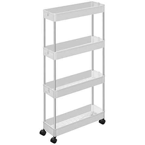 SONGMICS 4-Tier Storage Trolley on Wheels, Plastic Storage Unit, Space-Saving Shelving Organiser for Small Spaces, Bathroom Kitchen, 42 x 13.5 x 87 cm, White KSC08WT Cover