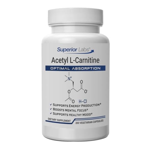Superior Labs Acetyl L-Carnitine 500 mg, High Potency ALCAR, Pure Non-GMO, Zero Synthetic Additives, Maximum Absorption, Energy & Fat Metabolism, Brain, Nerve & Cellular Detox Support, (200 Veg Caps)