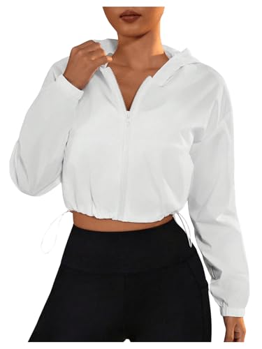 SweatyRocks Women's Zip Up Hoodie Lightweight Thin Cropped Jackets with Pocket White Small