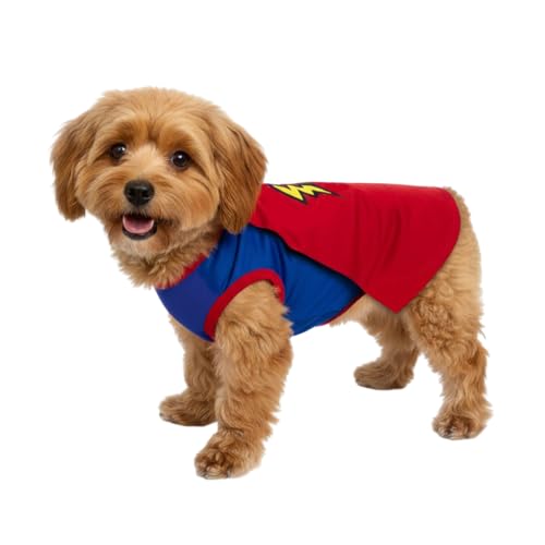 POPERIE Mighty Supa Man Pet Costume with Cape - Small Breed Dog Funny Clothes Outfit Apparel (Large)