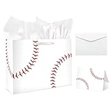 Baseball Party Gift Bag Baseball Gift Wrap Bag with Tissue Paper and Card Baseball Pary Favor Bag for Sport Themed Decorations Baseball Birthday Goodie Gifts Treat Wrapping Bags for Team Supplies