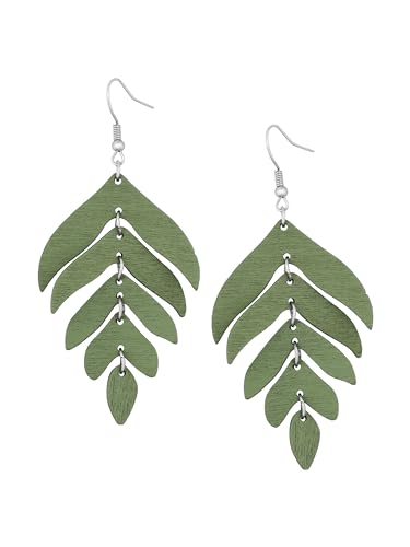 MINACHI Bohemian Chic Green Wooden Layered Leaf Dangle Drop Earrings, Boho Jewelry Gift for Women