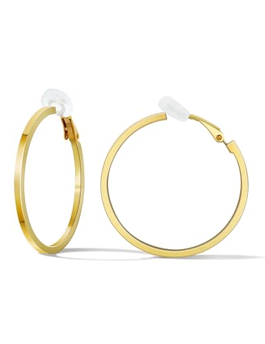 FAN&LOUIS Clip On Hoop Earrings Women,14K Gold Women's Clip-On Earrings Large Hoops Trendy for Non-Pierced Ears Lightweight