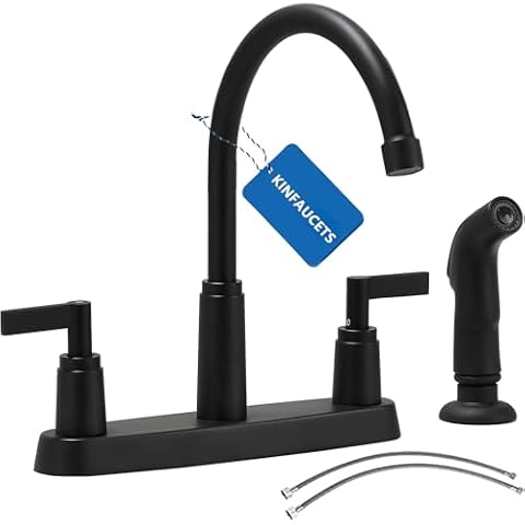 KINFAUCET Modern 2 Handle Kitchen Sink Faucet with Side Sprayer, High Arc 360 Swivel Stainless Steel 3 or 4 Hole Kitchen Faucet for Rv Camper Laundry Utility Bar Sinks, Matte Black Cover