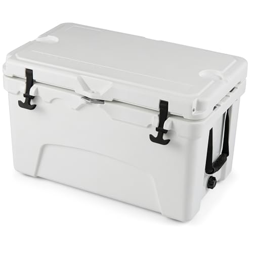 Goplus Hard Cooler, Insulated Ice Chest w/Portable Handles, Cup Holders, Ruler, Bottle Opener, 6 Day Ice Retention for Drink, Beverage, Camping, Fishing, Beach (45QT, White)
