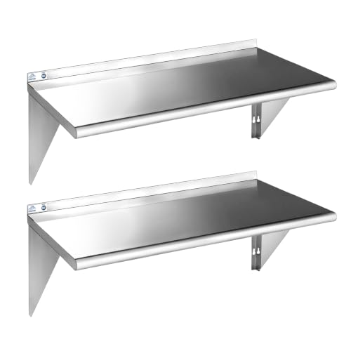 ROCKPOINT Stainless Steel Shelf 18 x 48 Inches 400lb, 2 Pack NSF Commercial Wall Mount Floating Shelving with Backsplash for Restaurant, Kitchen, Home and Hotel, Silver