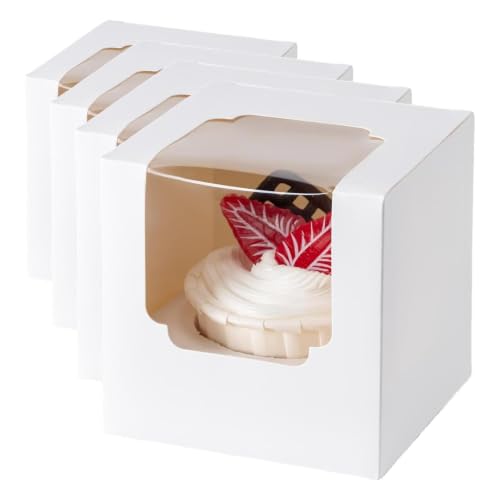 Image of BOOMIBOO 200 Pack Individual Cupcake Containers, Cupcake Boxes with Window, Food Grade Cupcake Holders with Inserts, Stackable Deep Cupcake Carrier (White)
