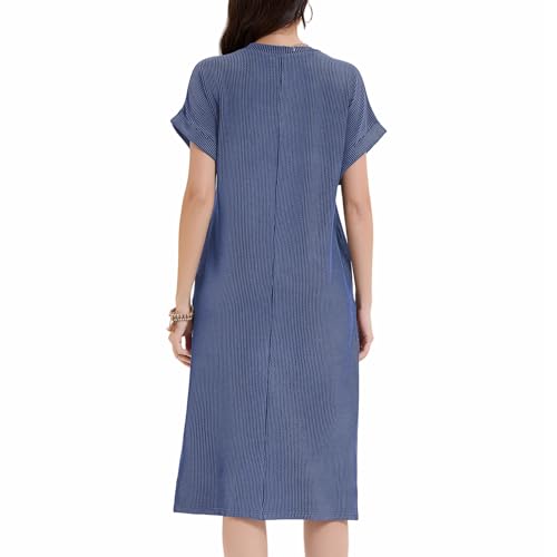 Image of Womens Casual T Shirt Dress Summer Fall Crewneck Loose Fit Side Split Knee Length Dress Ribbed Pattern with Pockets
