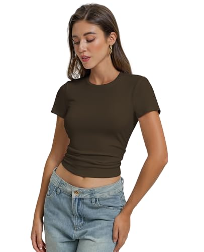Women Casual Basic T Shirts Top Y2k Crop Tops Trendy Tight Tshirts Tee Slim Fit Clothes - image 2
