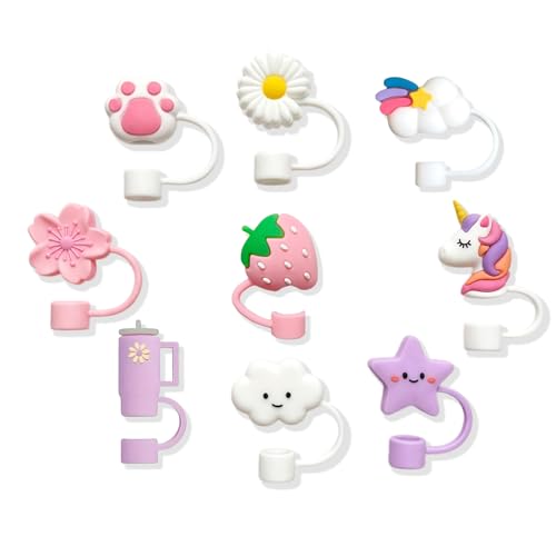 VEOIRXU 9 Pezzi Coperture per Cannuccia per Cup 10 Mm in Silicone Antipolvere Riutilizzabili Unicorno Stella Fiori Zampe di Gatto Motivi a Nuvola (9 Stili)